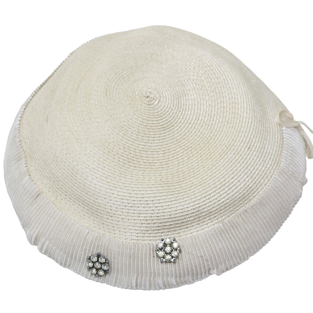 Vintage 50s Ivory Platter Hat w Rhinestone & Pleated Trim 11" Across - Hey Viv - Picture 8 of 9